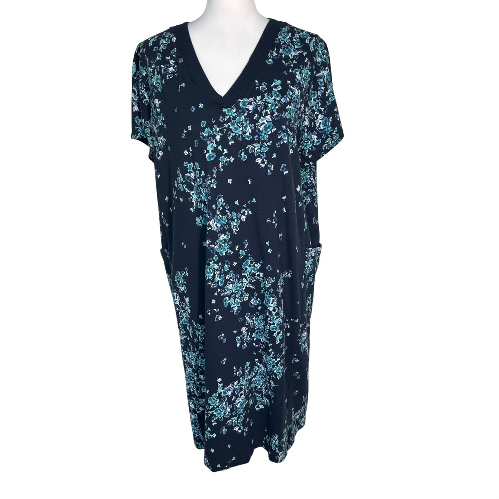 J.JILL FIT XL Navy Blue Floral Cotton Modal V-Neck Short Sleeve Pocket Dress